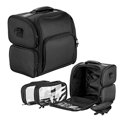 Ver Beauty Soft Sided Professional Cosmetic Organizer for Makeup Artist Tools, With 2 Clear Waterproof Pouches & Removable Shoulder Strap, Black Nylon