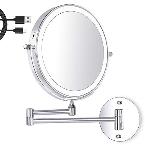 Amelar 8 Inch Wall Mounted Makeup Mirror USB Rechargeable LED 3 Color Lights Two Sided 1X/10X Magnifying Mirror Touch Switch Intelligent Shutdown 360° Swivel Vanity Mirror for Bathroom Hotel(Silver)