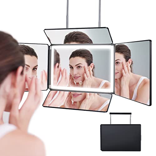 5 Way Mirror for Self Hair Cutting, 360 Mirror for Braiding, 5 Sided Barber Mirrors with Light, Makeup Mirror with Adjustable Telescoping Hooks, DIY Haircut Tool are Good Gifts for Men Women