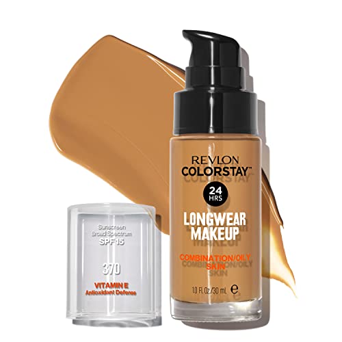 Revlon Liquid Foundation, ColorStay Face Makeup for Combination & Oily Skin, SPF 15, Longwear Medium-Full Coverage with Matte Finish, Toast (370), 1.0 Oz