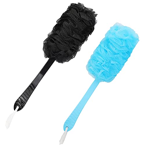 Back Scrubber Brush Long Handle for Shower, Loofah On a Stick Sponge Back Brush, Body Exfoliator Scrubber Bath Brush for Men Women, Exfoliating Cleaning Back Scrubber for Elderly (2 Pack-Black+Blue)