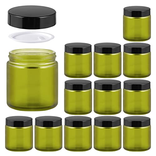 4oz Glass Jars with Lids, HOA Kinh 12 Pack Green Frosted Glass Jars with Lid Empty Cosmetic Containers Round Airtight Glass Jar with Black Lids for Storing Lotions, Powders, and Ointments