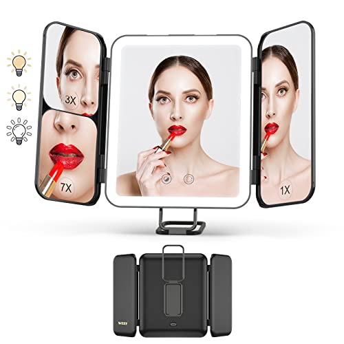 WEILY Portable Travel Makeup Mirror with Lights, 1X 3X 7X Magnification, Touch Control,Three Colors Dimmable Trifold Makeup Mirror (Black)