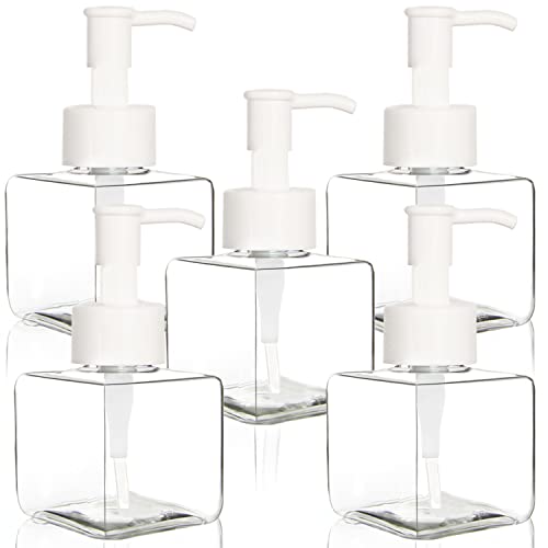 Youngever 5 Pack 4 Ounce Plastic Pump Bottles, Square Refillable Plastic Pump Bottles for Dispensing Lotions, Liquid Soap (Clear with White Pump)