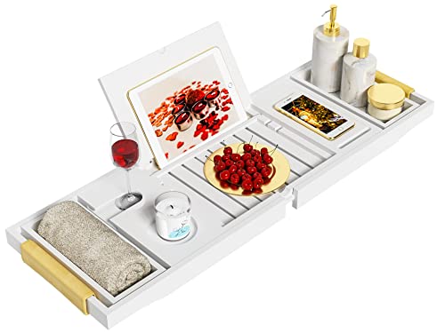Bathtub Tray Luxury Bathtub Caddy, Expandable Bath Tray with Leather Grip, Adjustable 1 or 2 Person Bath Table Bed Tray with Slots for book Phone holder, Bamboo Bathroom Organizer & Accessories, White
