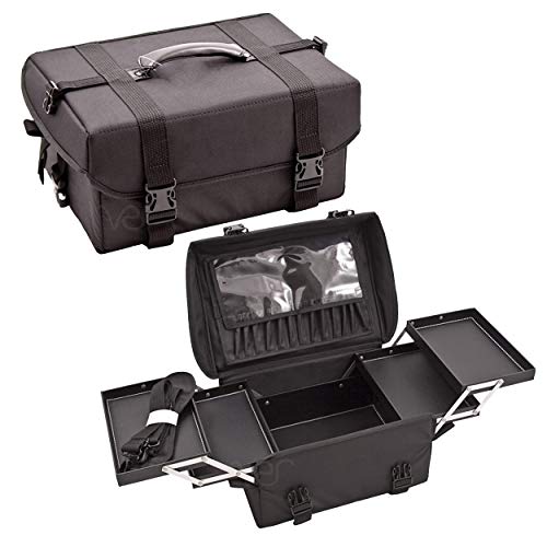 Ver Beauty Soft Sided Professional Nylon Cosmetic Organizer with 4 Padded Accordion Trays & Detachable Brush Holder, Black (VP010-92)