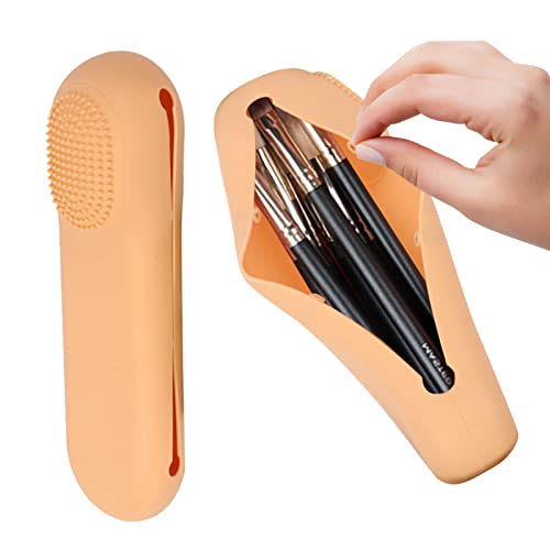 Arqumi Large Makeup Brush Holder for Travel, 8.8 * 2.7 * 1.5 Inch, 2 in 1 Silicone Coemstic Brushes Organizer with Brushes Cleaner Function, Magnetic Closure