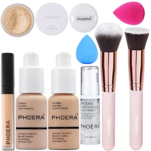 PHOERA Foundation,Full Coverage Foundation,PHOERA Primer,PHOERA Powder,PHOERA Concealer PHOERA Makeup Set, Kabuki Makeup Brushes Foundation Brush Powder Brush,2 Makeup Sponge (2 PCS #103 Warm peach)
