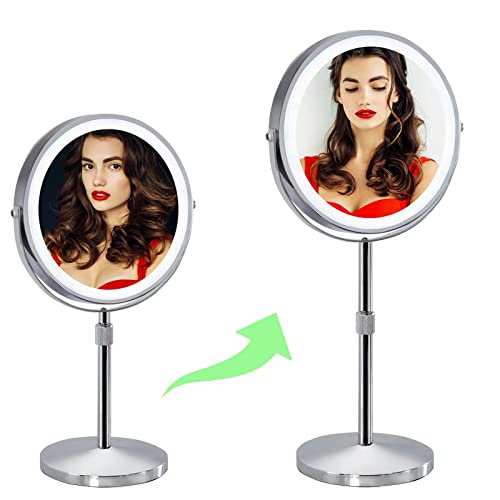 AIKELIN Lighted Makeup Mirror with 3 Color Lights,Adjustable Height,8" Double Sided Dimmable Magnifying Cosmetic Mirror with Light,Rechargeable Tabletop Light Up Vanity Mirror,Gifts for Girls