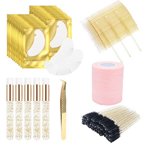 261 PCS/Set Eyelash Extension Supplies Kit 1pcs Lash Tweezers,100pcs Eyelash Spoolies Brush,100pcs Micro Lash Brush, 5pcs Lash Tape,5pcs Lash Shampoo Brush and 50 pairs Under Gel Pads(Color #2) (#1)