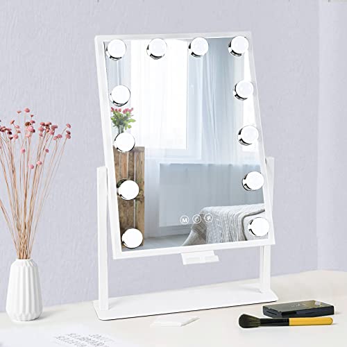 BWLLNI Vanity Mirror with Lights, Hollywood Lighted Makeup Mirror with Phone Holder, Smart Touch Control, 3 Color Lighting Modes, Detachable 10X Magnification, 360°Rotation(White)