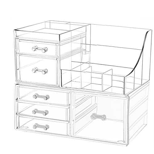 Acrylic Cosmetics Organizer with Stackable Drawers - For Vanity, Bathroom Counter, Lipsticks, Brushes, Skincare