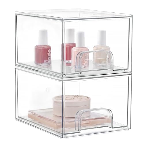 Vorey 2 Pack Stackable Makeup Organizer Storage Drawers, Acrylic Organizers, Clear Plastic Storage Bins with Handles for Vanity, Undersink, Kitchen Cabinets, Pantry, Bathroom Organizers and Storage