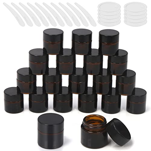 Wokape 30Pcs 10ml Amber Glass Jars with Liner Lids Spatulas, Leak-proof Round Cosmetic Jars for Travel Wear