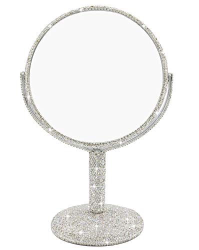 Bestbling Bling Rhinestone Portable Magnified Double Sided Swivel Makeup Vanity Mirror, 360°Rotate Makeup Mirror Round Shaped Two-Sided Makeup Mirror (Silver)