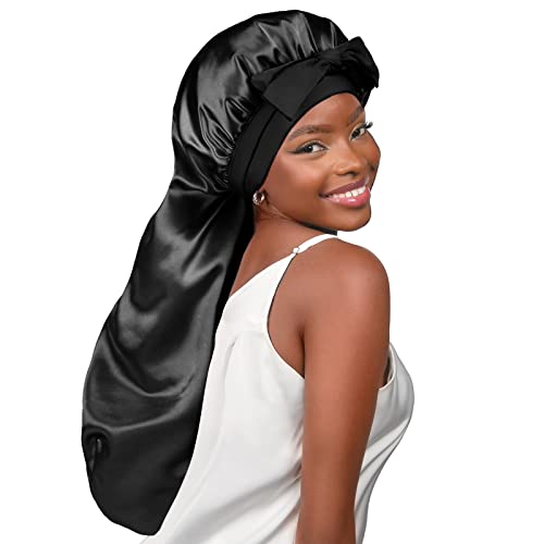 YANIBEST Silk Bonnet for Sleeping Women Braid Bonnet for Long Hair with Tie Band Satin Bonnet for Braids Hair Sleeping Cap Gifts for Women Black