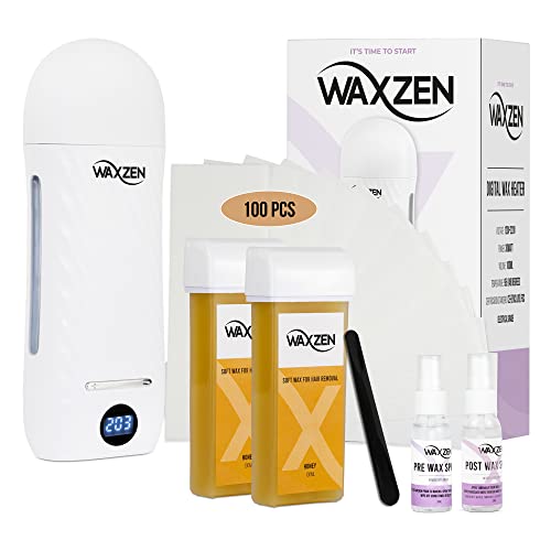Wax roller kit, Roll on wax kit, WAXZEN digital roll on wax warmer kit, Roll on Wax Warmer for Hair removal, 2 Honey Wax cartridges, 100 pcs strips, Pre and Post Wax Spray