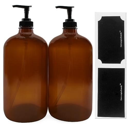 32-Ounce Amber Glass Lotion Pump Bottles (2-Pack); Quart Size Brown Bottles w/Black Plastic Locking Pump Dispensers; Includes Chalk Labels