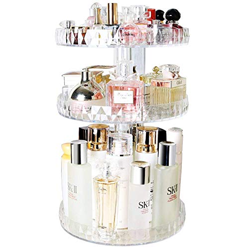 BOTIDE Diamond Pattern Perfume Organizer, 360 Rotating Makeup Organizer, Diamond Cosmetic Storage Box Transparent Acrylic Swivel Shelf Desktop Skin Care Product Dresser Finishing