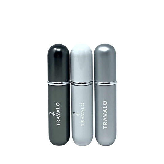 Travalo Classic HD Perfume Atomizer 3 Bundle Refillable System Travel TSA Approved | Reusable Easy-Fill Mini Pump Sprayer | Lightweight Elegant w/Volume Window | White, Titanium, Silver 3 Pack 0.17oz