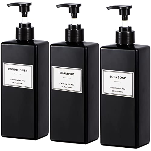 Yeeco Refillable Shampoo and Conditioner Bottles, Shampoo Dispenser 16.9oz/500ml, Plastic Shampoo Bottles with Pump 3 Packs, Shampoo Bottles Refillable for Bathroom, Kitchen, Hotel - Black