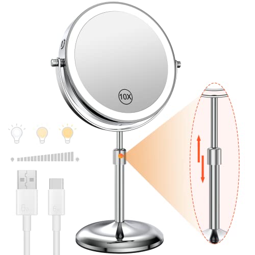 Benbilry Lighted Makeup Mirror with 10X Magnification & 3 Color Lights, Adjustable Brightness & Height, 7 Inch 360° Swivel Rechargeable LED Vanity Mirror, for Women Girls (Silver)