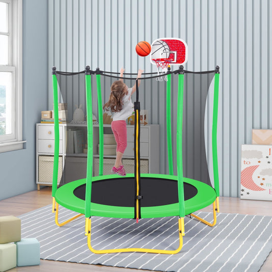 5.5 FT Children's Trampoline for Kids, Heavy Duty Small Mini Toddler Trampoline with Enclosure, Basketball Hoop and Ball Included for Boys & Girls, Grass Green