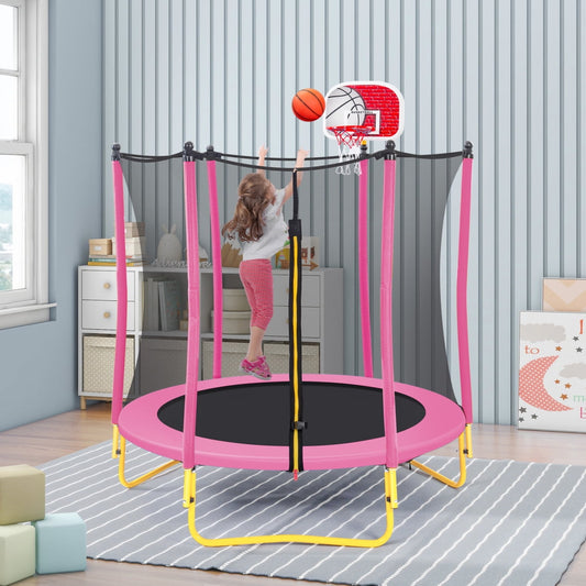 5.5FT Jump Recreational Trampolines for Kids,65' Mini Toddler Trampoline Weight Capacity 220 lbs with Safe Enclosure Net, Basketball Hoop and Ball for Indoor & Outdoor (Pink)