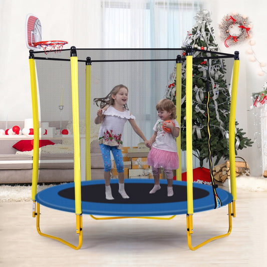 5.5FT Trampoline for Kids, 65' Outdoor & Indoor Mini Toddler Trampoline with Enclosure, Reversible Basketball Hoop and Ball, Recreational Trampoline for Boys Girls, Yellow