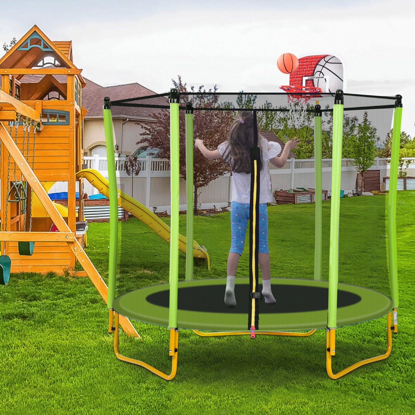 5.5FT Trampoline for Kids, Weight Capacity 220lbs, 65' Outdoor & Indoor Mini Toddler Trampoline with Safety Enclosure Net, Basketball Hoop and Ball, Easy Assembly, Green