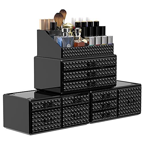 Awenia 4 Pack Stackable Makeup Organizer[Upgraded],Acrylic Cosmetics Storage Cases with 11 Drawers Perfume Organizers For Brush Holder or Jewelry Display,Plus Size(Black)
