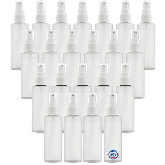 【Made In USA】Plastic Spray Bottle Fine Mist 4 Oz (120ml) – Refillable, Reusable, Portable Sprayer, Travel Size, Leak Proof for Household Use, Essential Oil, Cleaning Solution and Perfume (24 Pack)