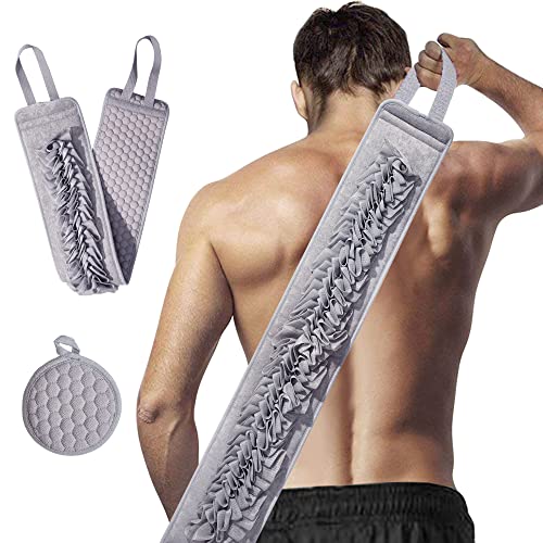 Suntee Exfoliating Loofah Back Scrubber & Sponge Pad Set for Shower, Double-Sided Body Exfoliator Bath Shower Scrubber for Women Men, Luffa Scrubber to Deep Clean Relax Your Body (36.5 x 3.5 inch)