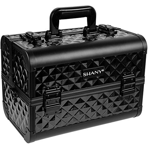 SHANY Premier Fantasy Professional Makeup Train Case Cosmetic Box Portable Makeup Case Organizer Jewelry storage with Locks, 3 Trays, Shoulder Strap, Makeup Brush Holder and Cosmetics Mirror - Black