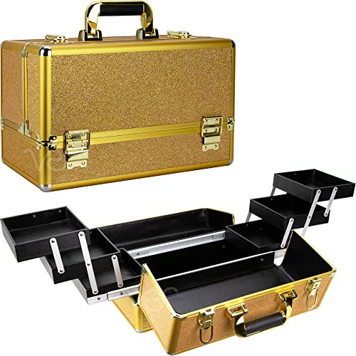Ver Beauty VR3201 Makeup Train Case Professional Aluminum with 6 Tier Tray and Brush Holder, Gold Krystal (VP002-47)