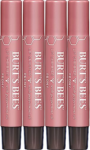 Burt's Bees Shimmer Lip Tint Easter Basket Stuffers, Shimmering Lip Oil Stick, Moisturizing for All Day Hydration with Natural Glowy Pigmented Finish & Buildable Color, Peony (4-Pack)