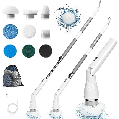 SHIELDPRO Electric Spin Scrubber, Cordless Shower Cleaning Scrubber with 8 Replaceable Brush Heads, Power Rotating Scrub Brush with Adjustable Long Handle for Bath Tub, Tile Grout, Sink, Car-White