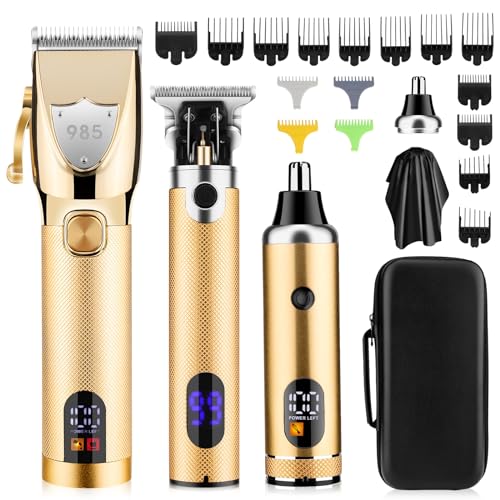 Zesuti Professional Hair Clippers for Men,Cordless Barber Clippers,Beard Trimmers and Nose Hair Trimmer Kit,Mens Grooming Haircut Kit with LED Display,Gold