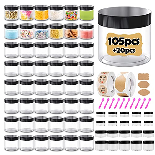 AMORIX 4 oz Plastic Containers with Lids 105pcs Plastic Jars with Lids + 3/5/10/20 Gram 20pcs Sample Containers Travel Jar– Great for Lip Scrub, Body Butters, Cream, Slime, Craft Storage
