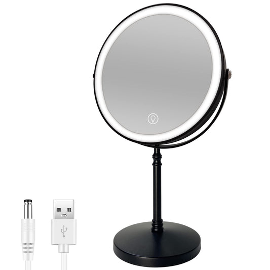 AMZTOLIFE 8" Lighted Makeup Mirror, 1X/10X Magnifying Vanity Mirror with Lights, 3 Color Lighting, Brightness Dimmable Cosmetic Mirror, Touch Control Light up Mirror, Black