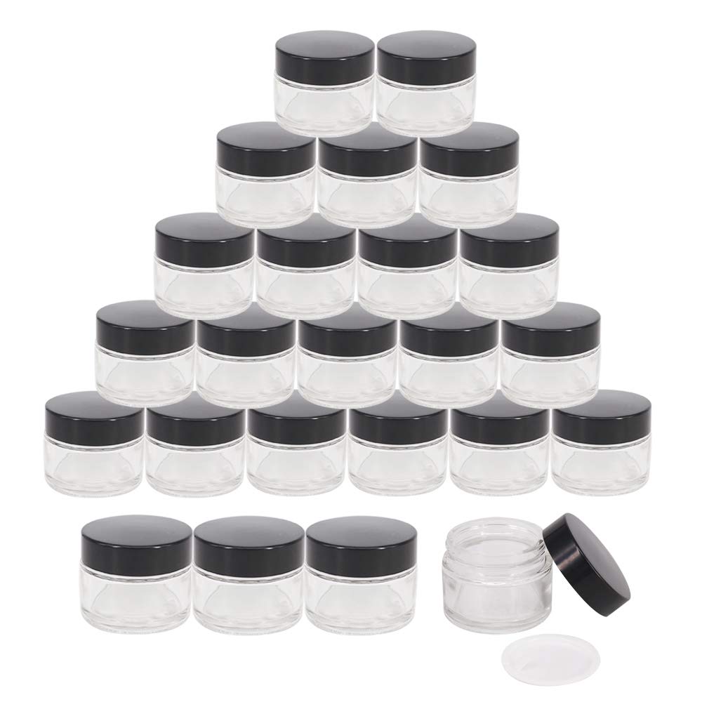 BPFY 24 Pack 2 oz Round Clear Glass Cosmetic Jars with Inner Liners and Black Lids, Travel Jars, Refillable Containers for Makeup, Cream, Lotion, Sugar Scrubs, Eye Shadow, Slime, Paint, Jewelry