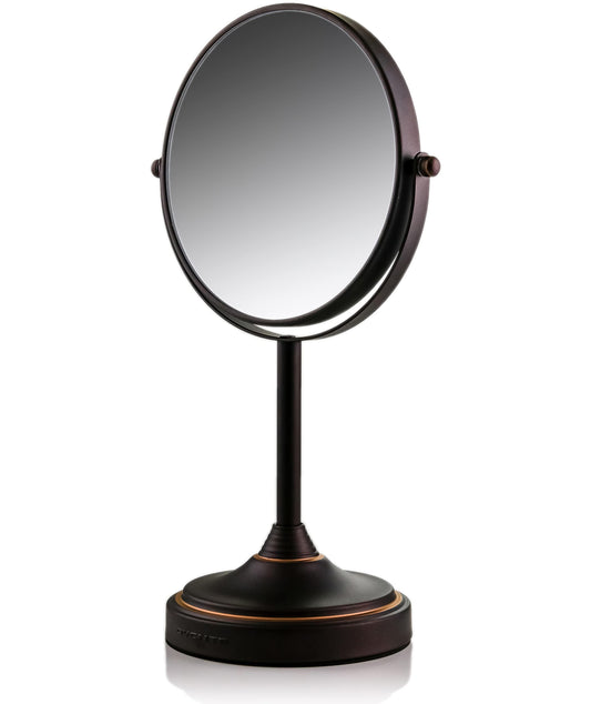 OVENTE 7'' Tabletop Makeup Mirror with Stand, 1X & 7X Magnifier, Spinning Double Sided Round Vanity Mirror, Ideal for Dresser, Bedroom, Office & Bath, Antique Bronze MNLCT70ABZ1X7X