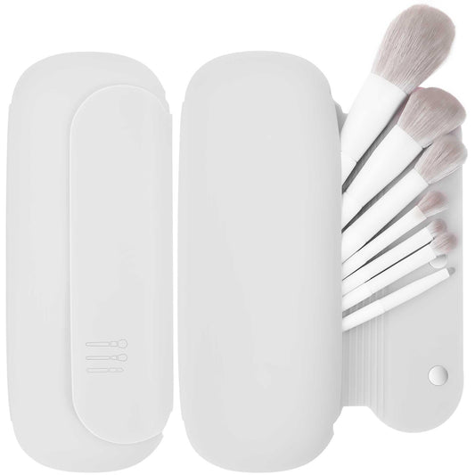 BAGCRAZY Travel Makeup Brush Holder,Silicon Portable Cosmetic Face Brushes Holder with Built-in Brush Cleaner,Upgrade Travel Essentials Makeup Brush Case,Makeup Tools Organizer for Travel, White