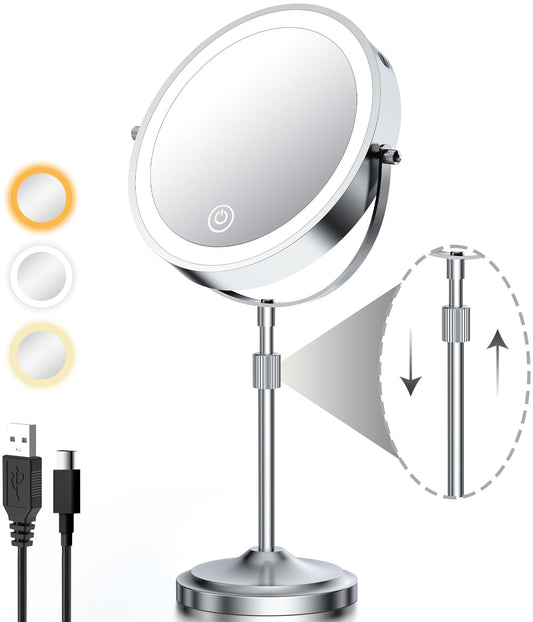 9" Lighted Makeup Mirror with 1X 10x Magnification, 5000mAh Rechargeable Led Magnifying Vanity mirror with lights, 3 Lighting Color, Brightness Dimmable Height Adjustable Cosmetic Mirror Chrome