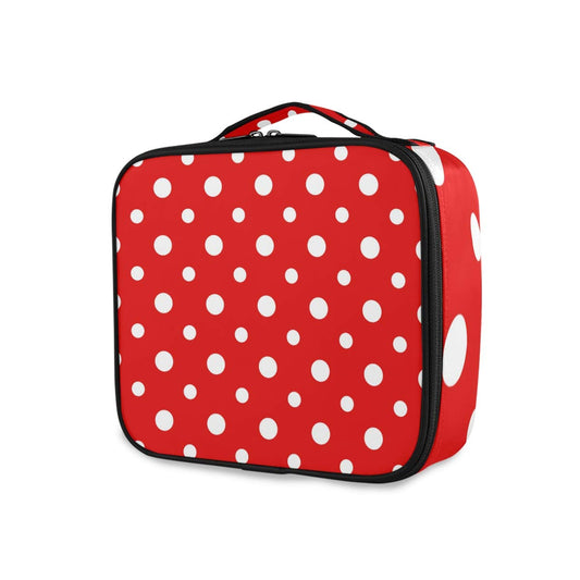 VIKKO Red and White Polka Dot Makeup Bag Portable Cosmetic Bag Travel Toiletry Bag Organizer Large Capacity Cosmetic Travel Case Stylish Makeup Train Cases with Adjustable Dividers for Women Girls