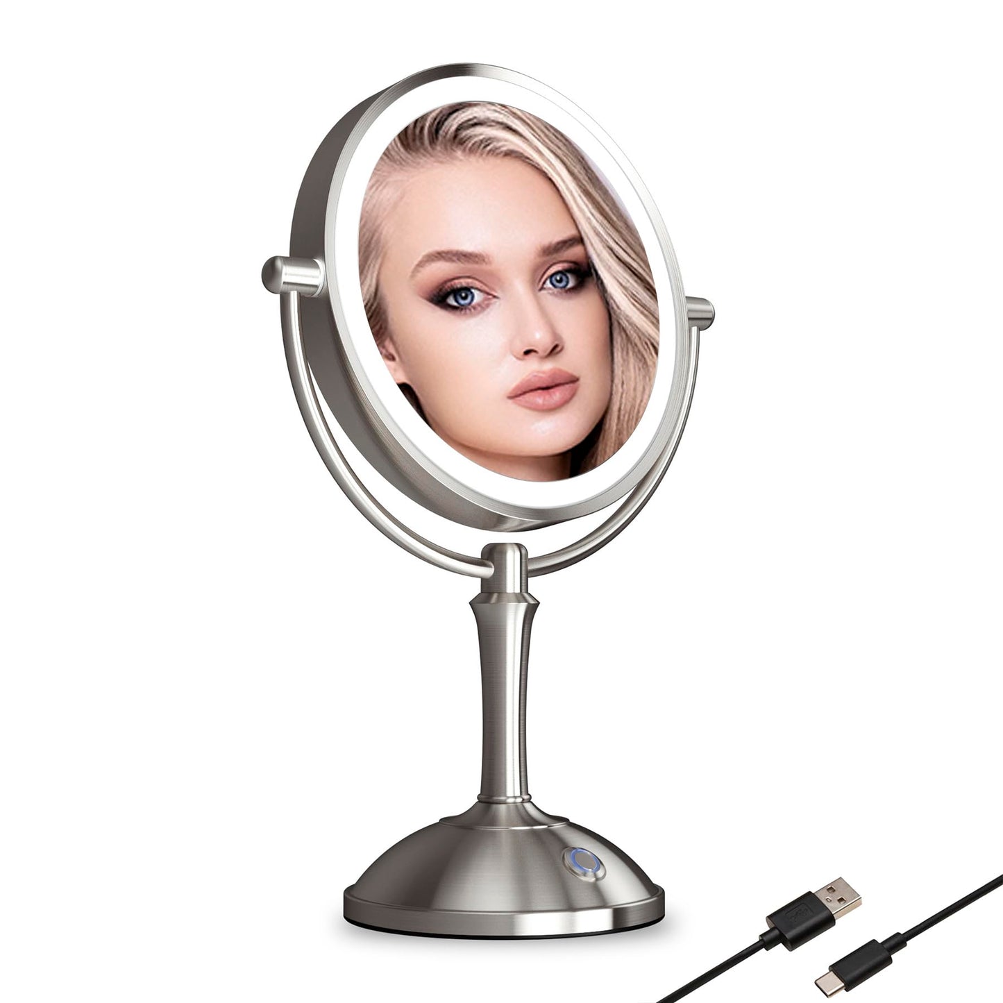 TUSHENGTU Makeup Mirror with Lights 10x Magnifying Mirror Nickel Finish and 360° Rotation and USB Recharge.(106N10X)