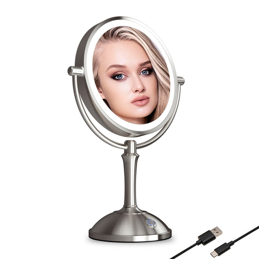 TUSHENGTU Makeup Mirror with Lights 10x Magnifying Mirror Nickel Finish and 360° Rotation and USB Recharge.(106N10X)