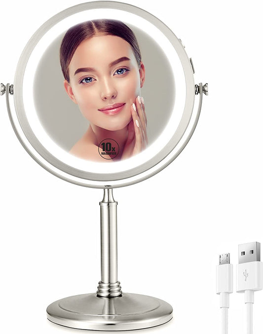 VESAUR 8" Rechargeable Lighted Makeup Mirror, 1X/10X Double Sided Magnifying Mirror with 3 Colors, Touch Screen Brightness Adjustable, 360° Rotation Detachable Portable Vanity Mirror, Senior Nickel