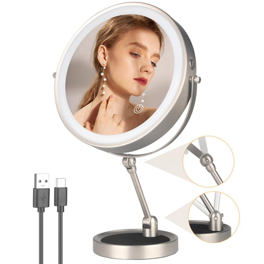 9 Inch lighted magnifying mirror with Adjustable Height, Double Side 1x/10x Magnifying Mirror with Light, 360°Swivel Vanity Mirror with Stand Brightness Adjustable Travel Cosmetic Mirror (Nickel)