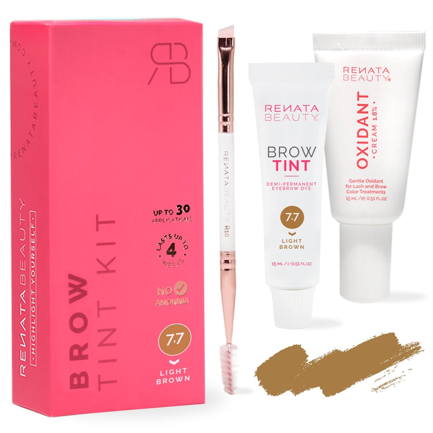 Renata Beauty Lash and Brow Tint Kit – Eyelash & Eyebrow Tint Set – Dye Kit with Color Tint, Cream Developer and Styling Brush – Long-Lasting Effect Up to 4 Weeks – 30 Applications [Light Brown]
